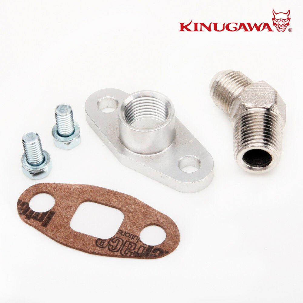 Kinugawa Oil Return Flange - Garrett T3/T4/T04B/T04E 45-Deg 8AN 312-03008-004